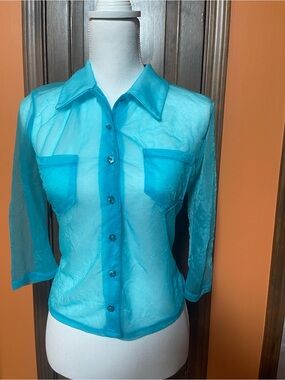 Vintage Bisou Bisou Sheer Turquoise Button-Front Women's Top size M